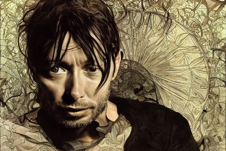 Image similar to hyper realistic portrait of ( ( ( thom yorke ) ) ) singer songwriter, side, liminal space, by lee bermejo, alphonse mucha and greg rutkowski