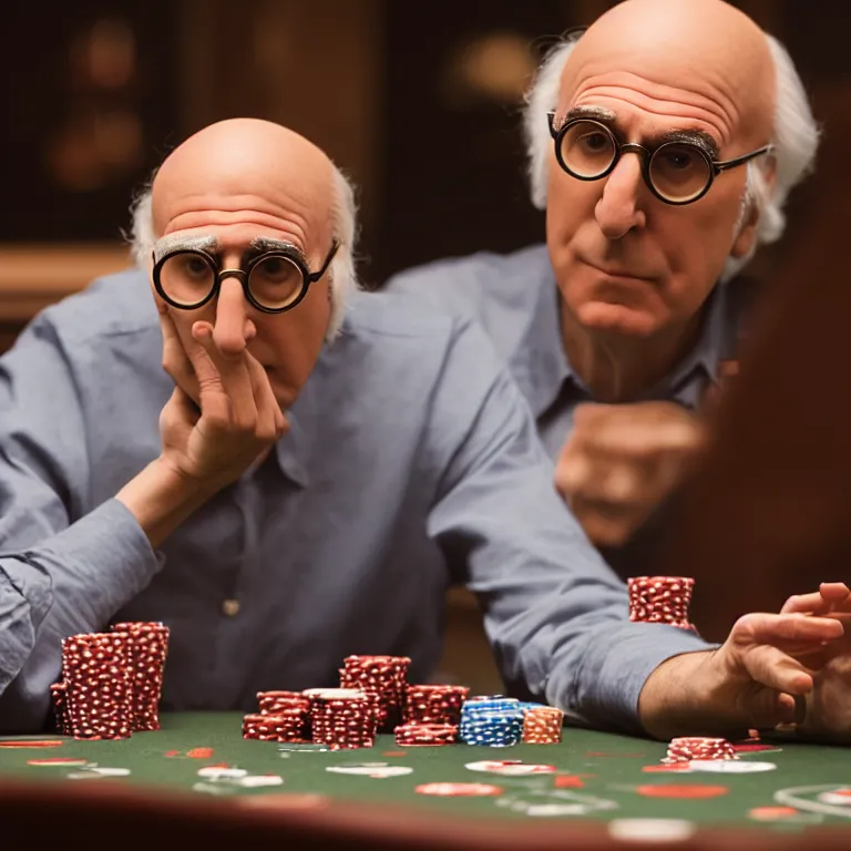 Image similar to a cinematic film still of a claymation stop motion film starring larry david playing poker, portrait, shallow depth of field, 8 0 mm, f 1. 8