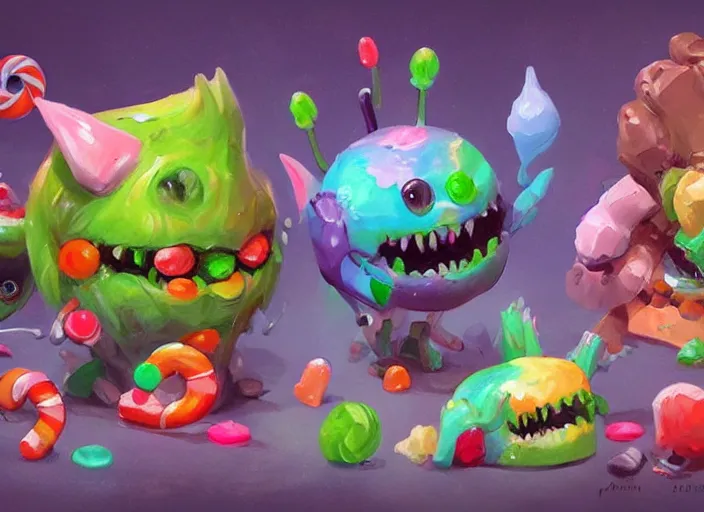 Image similar to concept art of cute candy monsters, oil painting by Jama Jurabaev, extremely detailed, brush hard, artstation, for AAA game, high quality