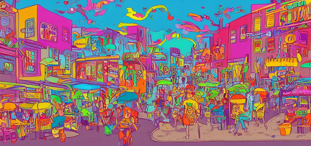 Prompt: an illustration of a funny colorful trashy town by Aurelien Predal