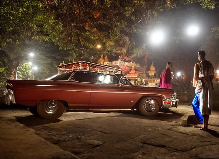 Image similar to a couple are in a chevrolet impala at kamakhya temple, guwahati city ; headlights of a car shine on a strange canyon road, she looks at him with a strange look in her eyes, it's the dead of night, in a distance the lights of a city light the night's sky