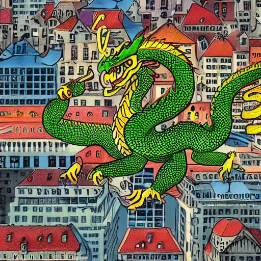 Image similar to 7 headed dragon flying in a city