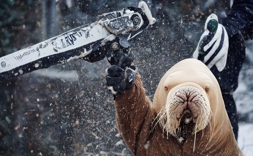 Image similar to walrus holding a chainsaw, extremely detailed, high quality, 8 k, nature photography,