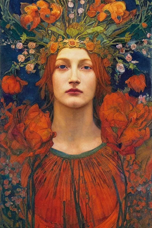 Image similar to queen of flowers by Annie Swynnerton and Nicholas Roerich, strong dramatic cinematic lighting , ornate headdress , flowing robes, lost civilizations, smooth, sharp focus, extremely detailed