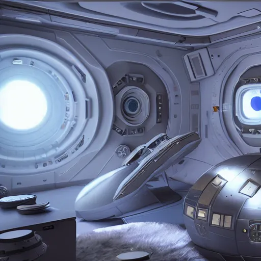 Image similar to photorealism of room of a spacecraft hyper realistic sci - fi realistic, unreal engine cinematic lighting,