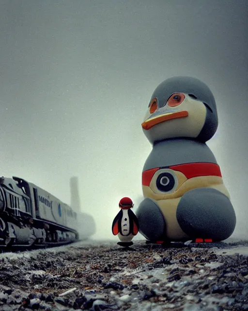 Image similar to giant oversized chubby bulky armored train penguin robot mech, with big penguin head , rocket launcher , on a village , Cinematic focus, fujicolor photo, vintage, neutral colors, soft lights, foggy, panorama by by Serov Valentin, by lisa yuskavage, by Andrei Tarkovsky