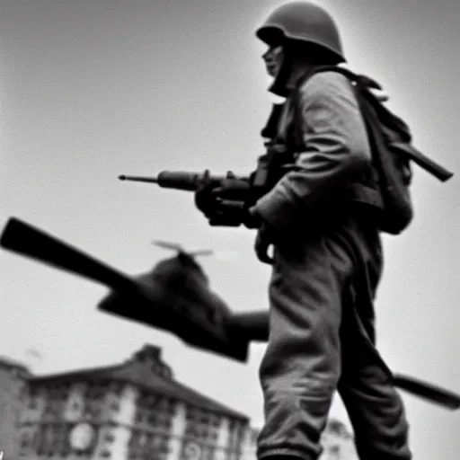 Image similar to an award winning photo of a discord moderator fighting in world war 2, fat discord moderator meme, ( ( leica iiia ) ), 4 k, high quality, black and white