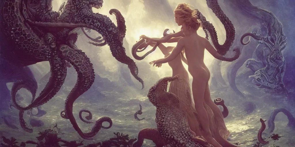 Image similar to Fantasy fairytale story, Great Leviathan Turtle, cephalopod, Cthulhu Squid, Mysterious Island, center Universe, accompany hybrid, Cory Chase, Blake Lively, Anya_Taylor-Joy, Grace Moretz, Halle Berry, Mystical Valkyrie, Anubis-Reptilian, Atlantean Warrior, intense fantasy atmospheric lighting, hyperrealistic, William-Adolphe Bouguereau, François Boucher, Jessica Rossier, Michael Cheval, michael whelan, Cozy, hot springs hidden Cave, candlelight, natural light, lush plants and flowers, Spectacular Mountains, bright clouds, luminous stellar sky, outer worlds, Solar Flare Unreal Engine, HD,