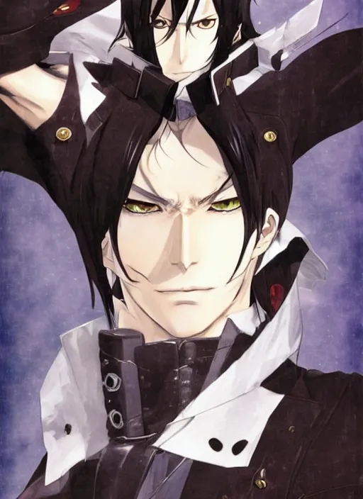 Image similar to half - body character portrait by shigenori soejima, handsome male vampire, focus on face sword holster, long black hair, light brown coat