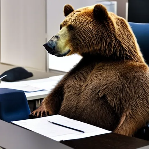 Image similar to bored bear at office, head leaning on paw with elbow on table, piles of paperwork