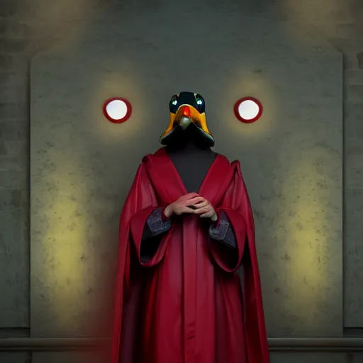 Image similar to photorealistic cute mallard duck, wearing cultist red robe, standing at an altar, black feathers, glowing arcane eyes, very detailed black feathers, ultra detailed, cgi, photorealistic, unreal engine 5, nft portrait, 3 d, digital art, 8 k, octane render, trending on art station