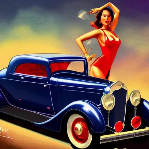 Prompt: very low, wide angle, painting showing olivia munn driving exaggerated 1 9 3 0 s car with woman driving, shiny bikini, dramatic lighting, sultry, sensual, shiny, vargas, wlop, manara, moebius, elvgren, joshua middleton, artgerm