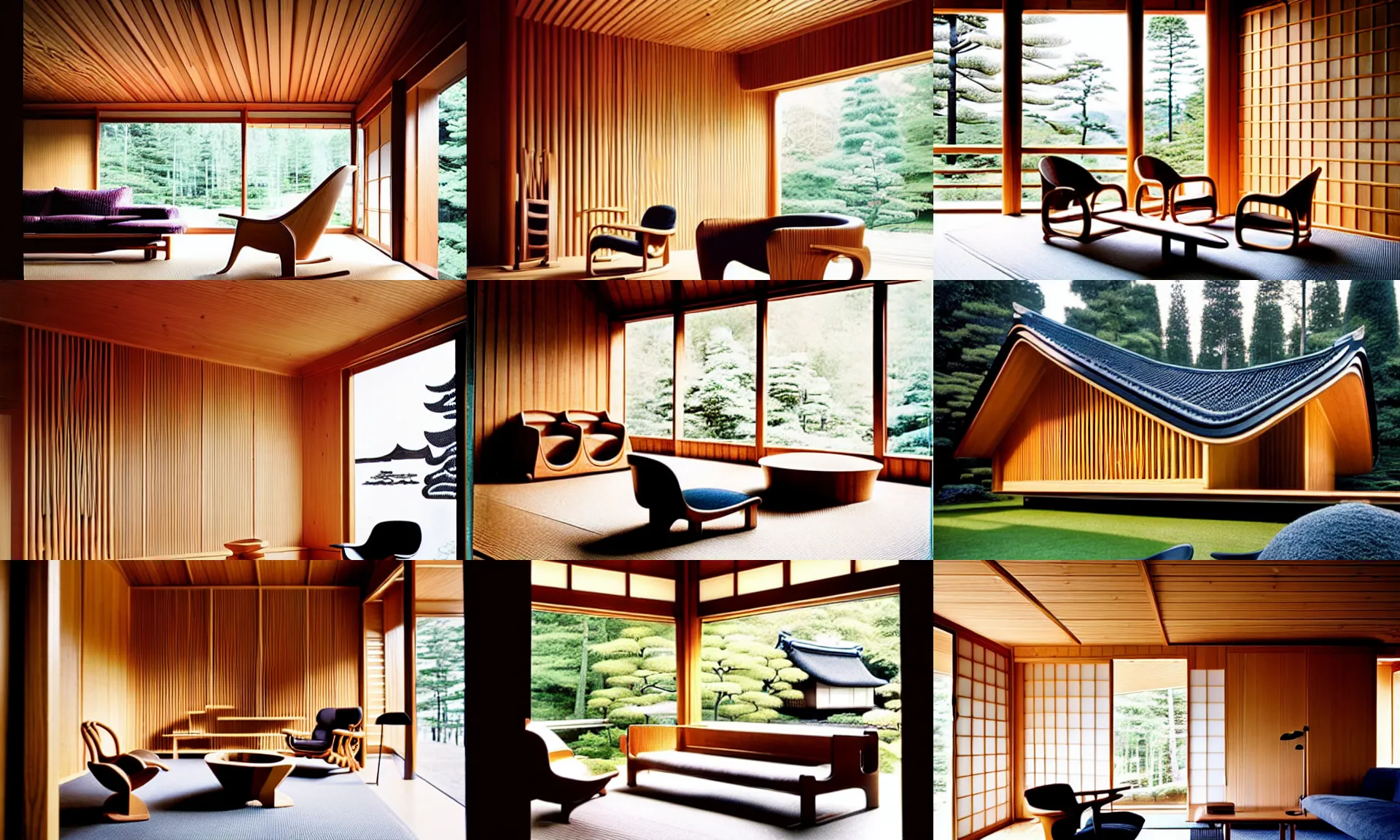 Prompt: luxurious wooden cottage by alvar aalto, modern furnished japanese living room, japanese flower arrangements, coherent composition, realistic, extremely detailed furnitures, architecture photography from furniture world magazine