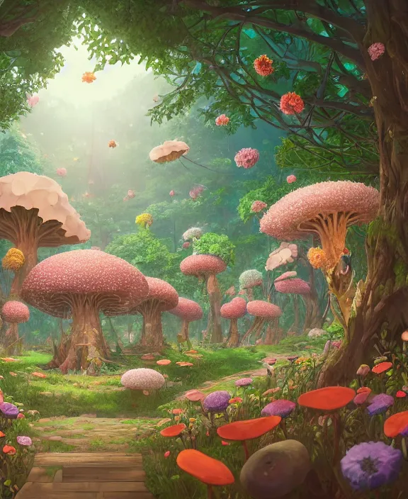Image similar to a simple, whimsical school made from flowers, overgrown with huge exotic fungus, deep in the woods, cheerful, partly cloudy, by dan mumford, yusuke murata, makoto shinkai, ross tran, dreamy, cinematic, unreal engine, cel shaded, featured on artstation, pixiv