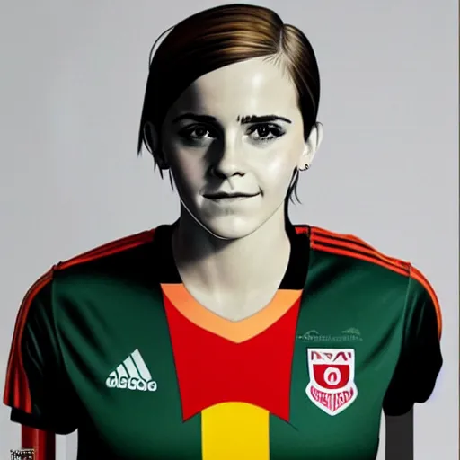 Prompt: emma watson as a lokomotiv football player, portrait, hyper realistic, highly detailed