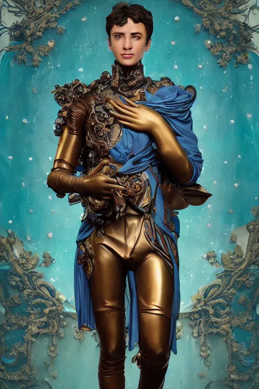 Image similar to a young handsome Spanish prince in a full-body bronze cyberpunk style statue of an android with glowing blue eyes, crown of peach roses, flowing teal-colored silk, fabric, flowers. baroque elements, human skull. full-length view. baroque element. intricate artwork by caravaggio. many many birds birds on background. Trending on artstation, octane render, cinematic lighting from the right, hyper realism, octane render, 8k, depth of field, 3D