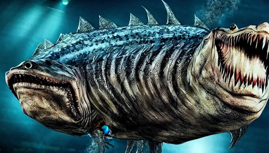 Image similar to Big budget horror movie about genetically engineered werefish.