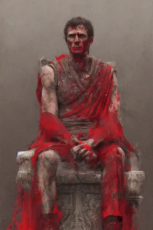 Image similar to the end is near. a tired julius caesar is sitting on his throne. face is highly detailed. splices of red are running down his toga. mist. color scheme red. low angle medium shot. imagined by jeremy lipking and greg rutkowski