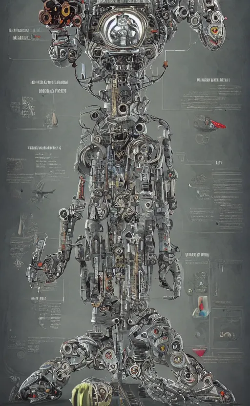 Image similar to anatomy of the terminator, robot, cyborg, t100, bloodborne diagrams, mystical, intricate ornamental tower floral flourishes, technology meets fantasy, map, infographic, concept art, art station, style of wes anderson