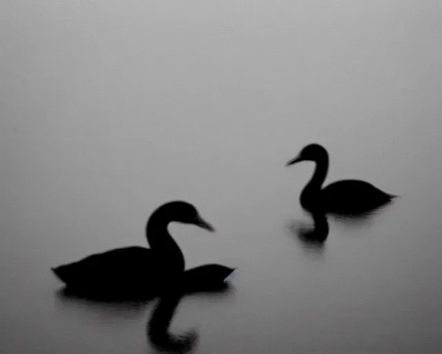 Prompt: black swan by Andrei Tarkovsky, mist, lake, lomography effect, photo, monochrome, photo blurring, 35mm