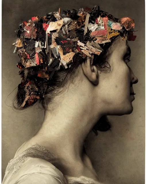 Image similar to a woman's face in profile, made of broken floral shards, in the style of the Dutch masters and Gregory Crewdson, dark and moody