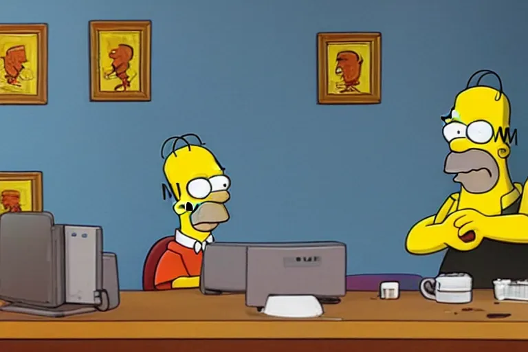 Prompt: Homer Simpson sits at the office table and monitors the fall of Bitcoin and is angry, CryEngine