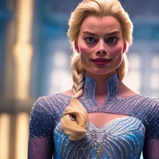 Image similar to Margot Robbie as Elsa in disney frozen live action, 8k full HD photo, cinematic lighting, anatomically correct, oscar award winning, action filled, correct eye placement,