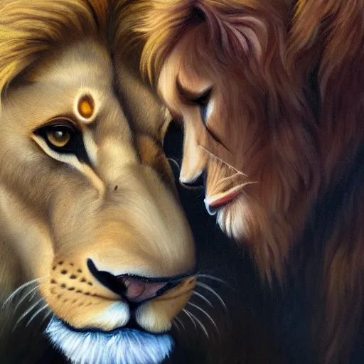 Image similar to oil painting of a lion kissing another lion male, detailed, 4k, fantasy