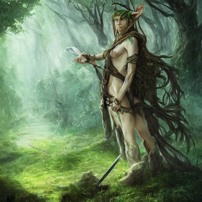 Prompt: forest elf with sword, stream, clouds, grass, forest, trees, facing the woods, lord of the rings style, fantasy, poster, character portrait, intricate and very beautiful and elegant, highly detailed, digital painting, artstation, concept art, smooth and sharp focus, illustration