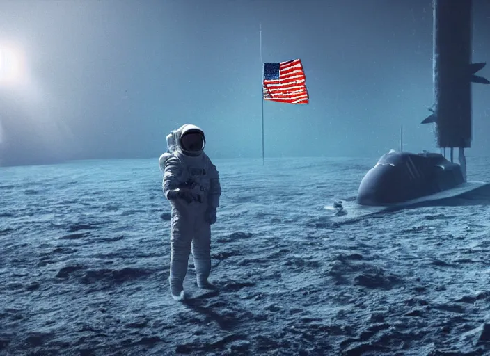 Image similar to astronaut holding a flag in an underwater desert. a submarine is visible in the distance. dark, concept art, cinematic, dramatic, atmospheric, 8 k, trending on artstation, blue, fish, low visibility, fog, ocean floor, christopher nolan, interstellar