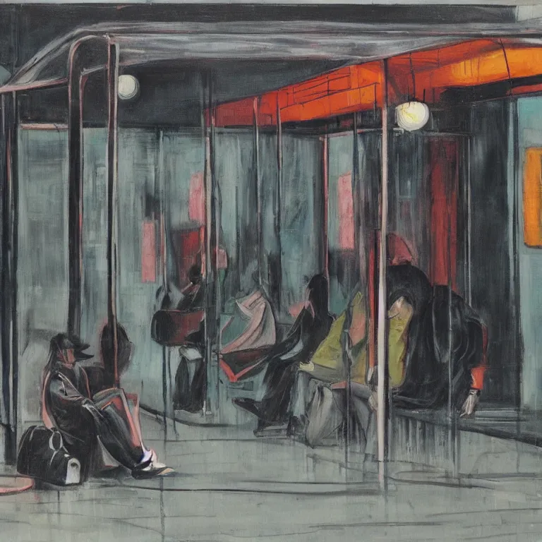 Prompt: some people waiting in a lone bus stop in qiet dark city, expressionist painting by francis bacon and martine johanna