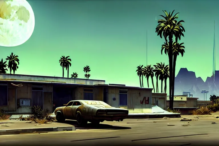 Image similar to broken robot | abandoned motel | palm trees | snowy mountains | moon in sky, painting by syd mead and weta studio and greg rutkowski and james jean and frank frazetta, gta san - andreas game screenshot, highly detailed, rule of third, soft lighting, architectural magazine, insanely intricate details, artstation trending, hypermaximalistic, high details, cinematic