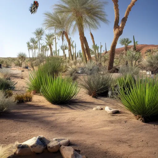 Image similar to biophilia architecture in the desert, plants, oasis