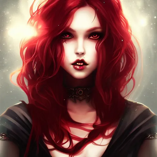 Image similar to princess of darkness, style of artgerm comic, piercing eyes, long glowing red hair, waterhouse, character art, matte