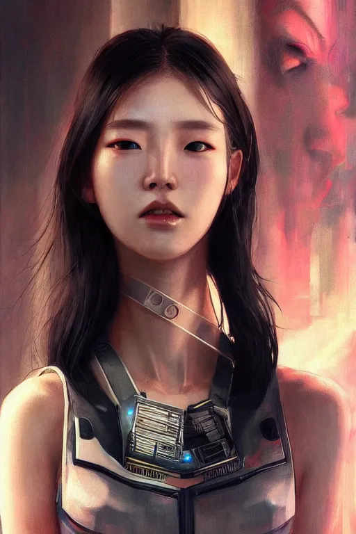 Image similar to Photorealistic illustration, 3/4 view of Korean fashion model with cybernetic neck, cyberpunk 2077, sci-fi, futuristic, intricate, elegant, highly detailed, digital painting, artstation, concept art, smooth, sharp focus, art by artgerm, greg rutkowski and alphonse mucha