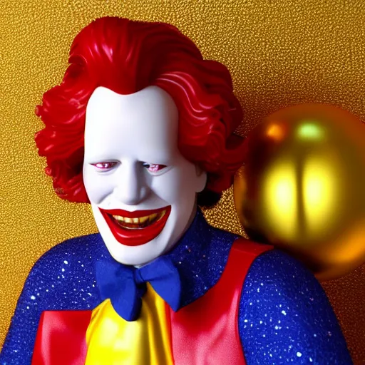 Image similar to A still of Ronald McDonald surrounded by gold and diamonds, Award-winning, photograph, 3d render, unreal engine, 4k detailed