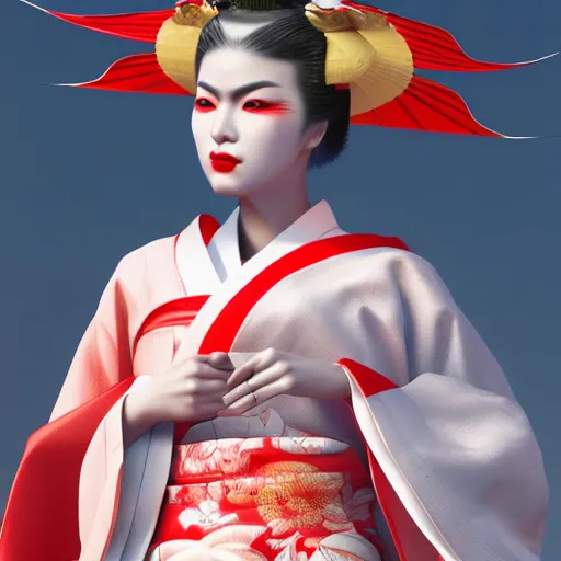 Image similar to kitsune geisha fancy hakama, full body, unreal engine octane, red and white, gliter, depth of field, 8k, hyper detailed, trending on artstation