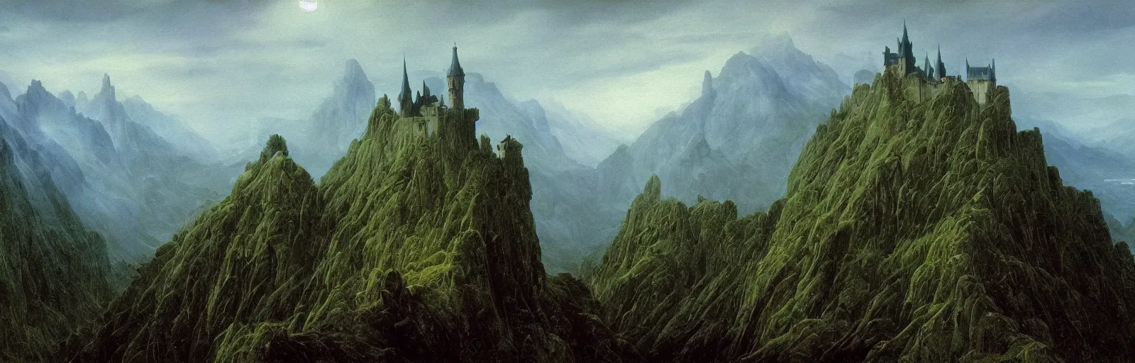 Prompt: Castle in the misty mountains,painting by Caspar David Friedrich,masterpiece