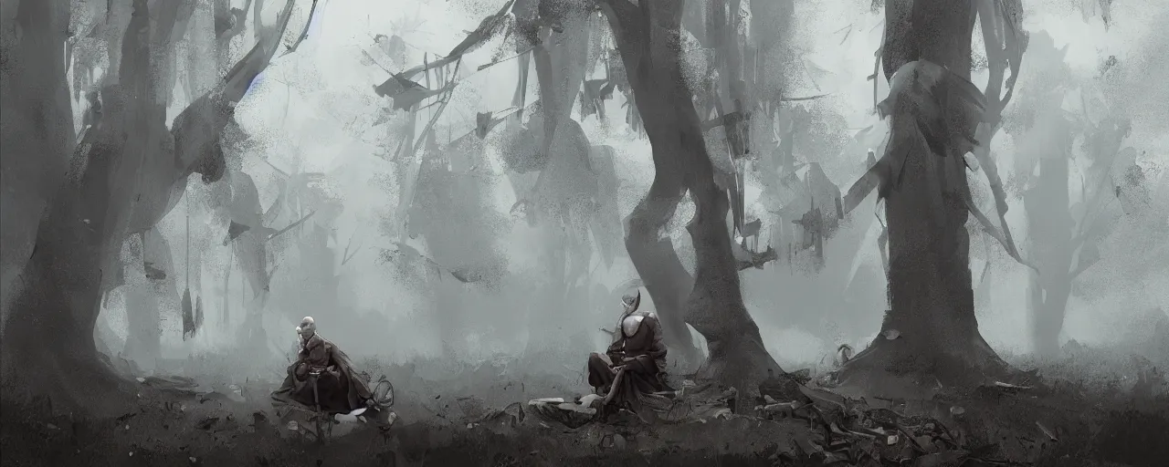 Image similar to duotone noir illustration of bald merchant demon sitting below willow tree in medieval brown tunic. foggy evening. dark dream atmosphere, by sachin teng and sergey kolesov and ruan jia and heng z. graffiti art, scifi, fantasy, hyper detailed. octane render. concept art. trending on artstation