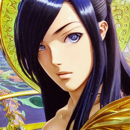 Image similar to highly detailed vfx portrait of nico robin by eiichiro oda!, stephen bliss, makoto shinkai, alphonse mucha, sharp focus, art by artgerm and greg rutkowski!, harsh overhead sunlight, blue eyes!!, large aquiline nose!!, stanley kybric, kaoru mori, intricately detailed, best of behance,