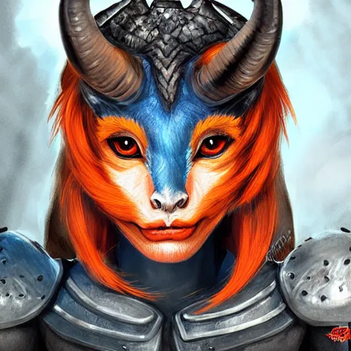 Image similar to illustrated realistic portrait female ram-horned kobold that has orange skin and blue hair with black evil devil eyes wearing leather armor by rossdraws