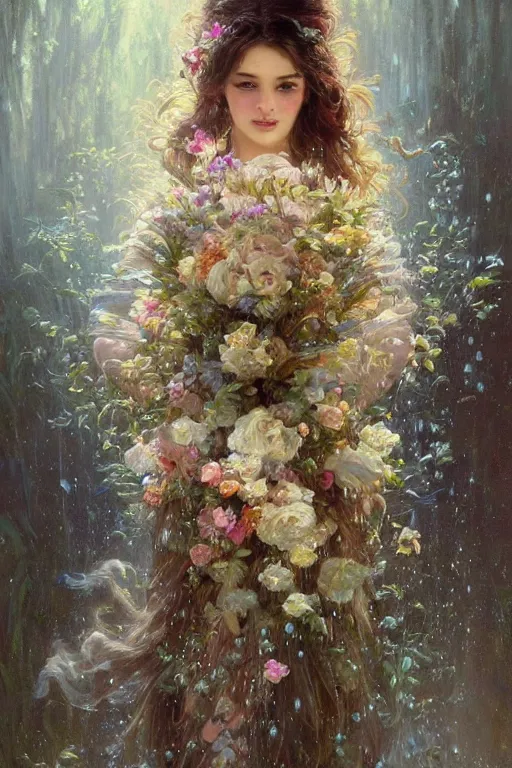 Image similar to portrait of a beautiful mysterious woman holding a bouquet of flowing flowers, wet dripping long hair, hands hidden under the bouquet, emerging from the water, fantasy, regal, intricate, by stanley artgerm lau, greg rutkowski, thomas kindkade, alphonse mucha, loish, norman rockwell