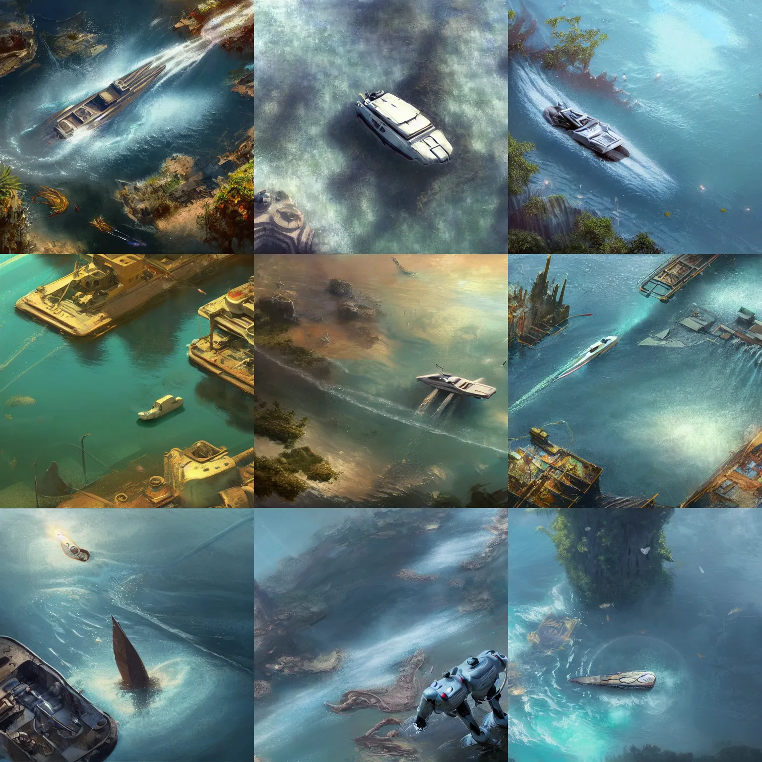 Prompt: an aerial view of a body of water with a large scale humanoid robot laying in the water partially submerged and a small scale boat speeding across the water, a detailed matte painting by craig mullins, artstation contest winner, action painting, reimagined by industrial light and magic, artstation hd, concept art
