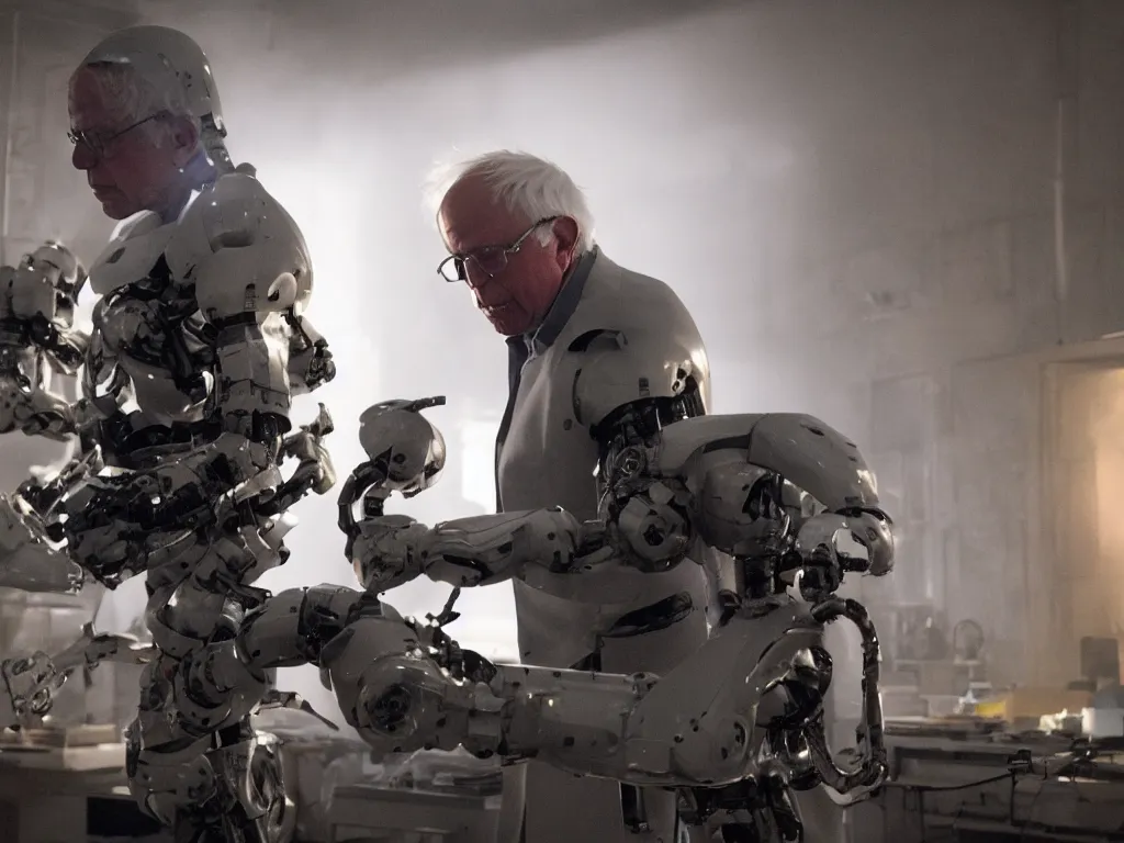 Image similar to bernie sanders building a scifi doomsday robot, cinematic moody lighting, sharp focus, dirty laboratory, imax, neill blomkamp mvie still