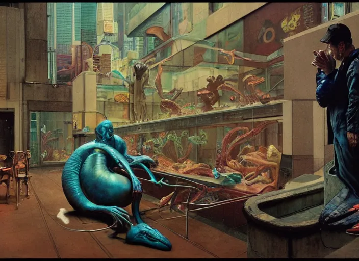 Prompt: a large aquarium by francis bacon, surreal, norman rockwell and james jean, greg hildebrandt, triadic color scheme, by greg rutkowski, in the style of francis bacon and edward hopper and beksinski, dark surrealism, grand theft auto video game, a still from the film alien