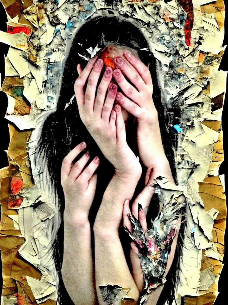 Image similar to a young adult angelgirl soft crying with lots of hands on her face and ratty feathered angel wings, stressed and burnt out, collage effect, collaged, torn paper, torn paper collage, overexposure, overexposed, high exposure