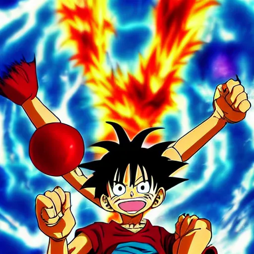 Image similar to still image of Monkey D Luffy in DragonBall Z by Akira Toriyama, color, screenshot