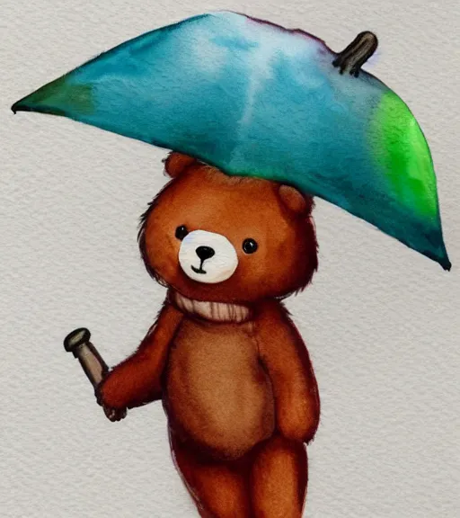 Image similar to autumn a bear with an umbrella cartoon watercolor trending on artstation