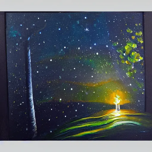 Prompt: Fireflies that blend with the starry sky, oil painting