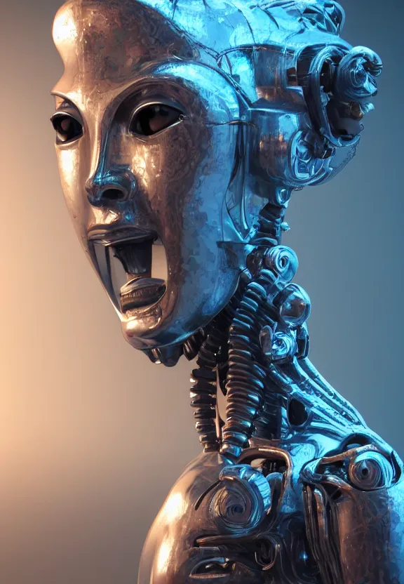 Prompt: perfectly centered portrait, front view of a beautiful biomechanical android alien robot buddha, female, flowing hair, intense stare, sarcastic smile, symmetrical, concept art, intricate detail, volumetric shadows and lighting, octane render, unreal engine,